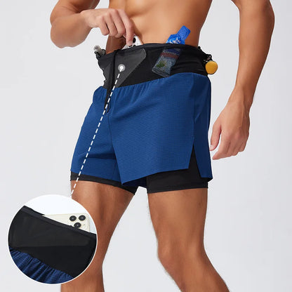 Freedom of movement, maximum speed, and practical pockets to carry everything   Short Gym Man 2 in 1 Marathon Fitness Running Pants Multi-pocket Double Deck Sports Shorts Men