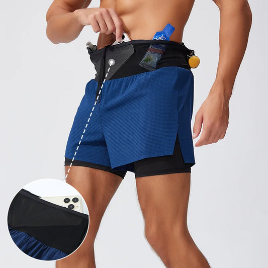 Freedom of movement, maximum speed, and practical pockets to carry everything   Short Gym Man 2 in 1 Marathon Fitness Running Pants Multi-pocket Double Deck Sports Shorts Men