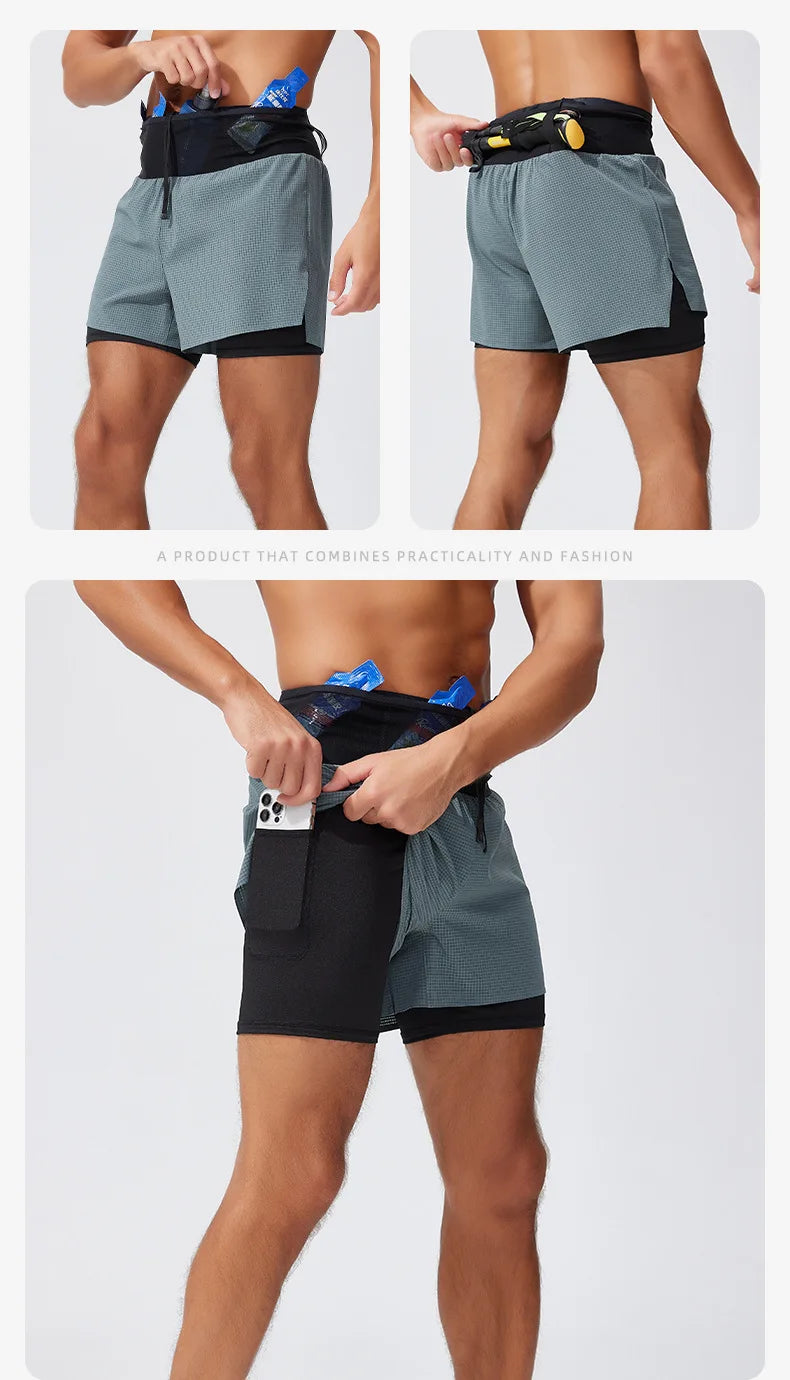 Freedom of movement, maximum speed, and practical pockets to carry everything   Short Gym Man 2 in 1 Marathon Fitness Running Pants Multi-pocket Double Deck Sports Shorts Men