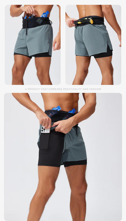 Freedom of movement, maximum speed, and practical pockets to carry everything   Short Gym Man 2 in 1 Marathon Fitness Running Pants Multi-pocket Double Deck Sports Shorts Men