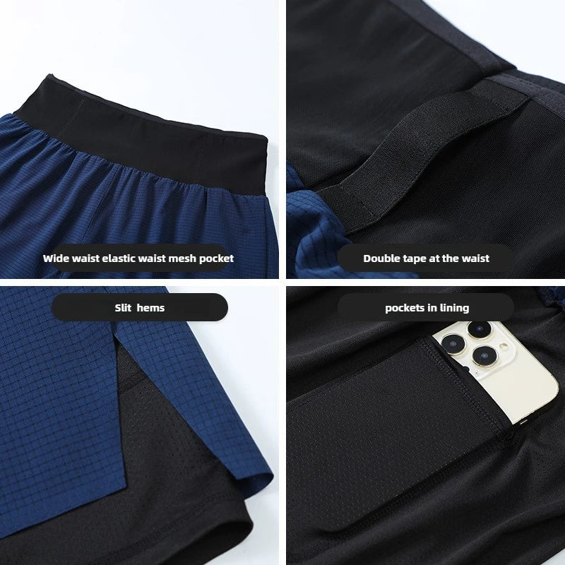 Freedom of movement, maximum speed, and practical pockets to carry everything   Short Gym Man 2 in 1 Marathon Fitness Running Pants Multi-pocket Double Deck Sports Shorts Men